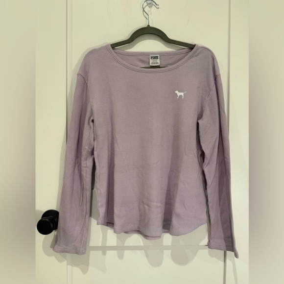 PINK Victoria's Secret Women’s  L/S Logo Crew Neck Waffle Tee Lavender - Picture 1 of 4